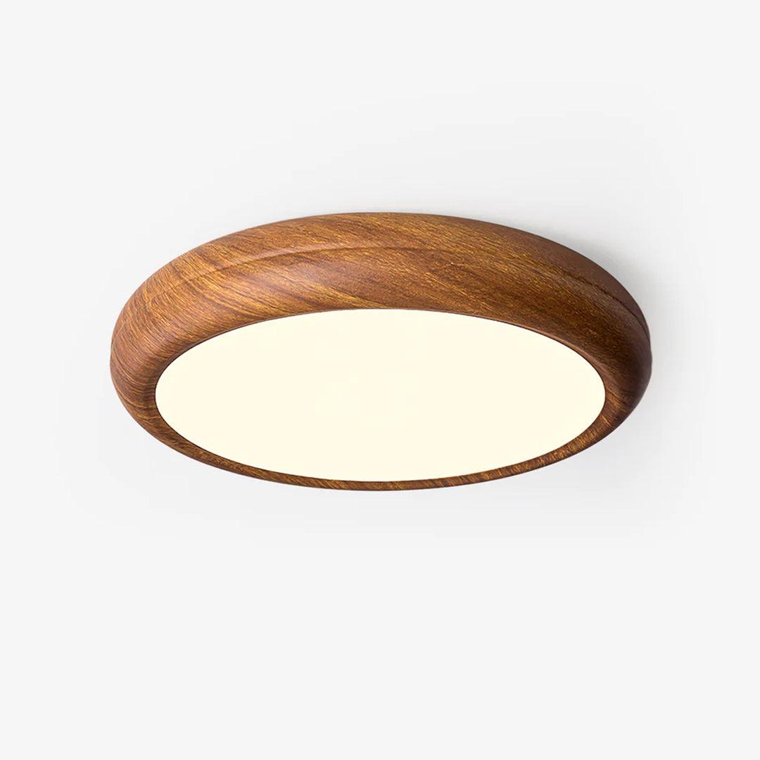 Greno wood grain round ceiling light in walnut finish on a plain white background