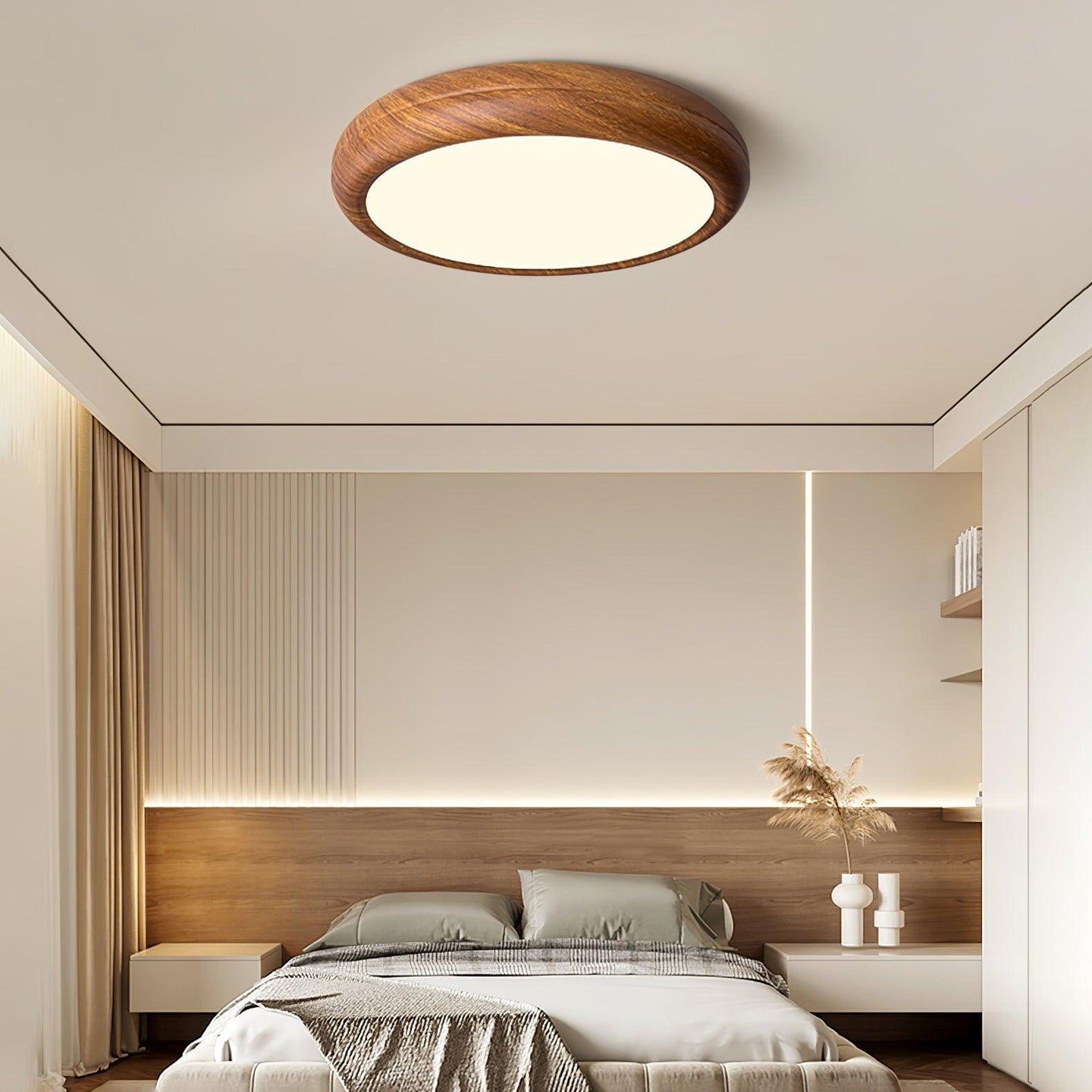 Greno walnut wood grain ceiling light lit above a bedroom with a timber headboard