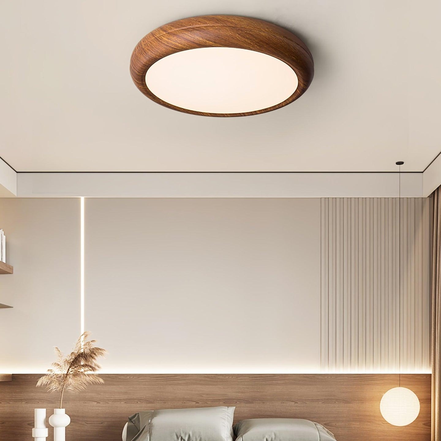 Greno wood grain ceiling light mounted close to the ceiling in a minimal bedroom