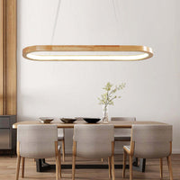 Veona oval wood pendant light above a six seat dining table in a japandi style room