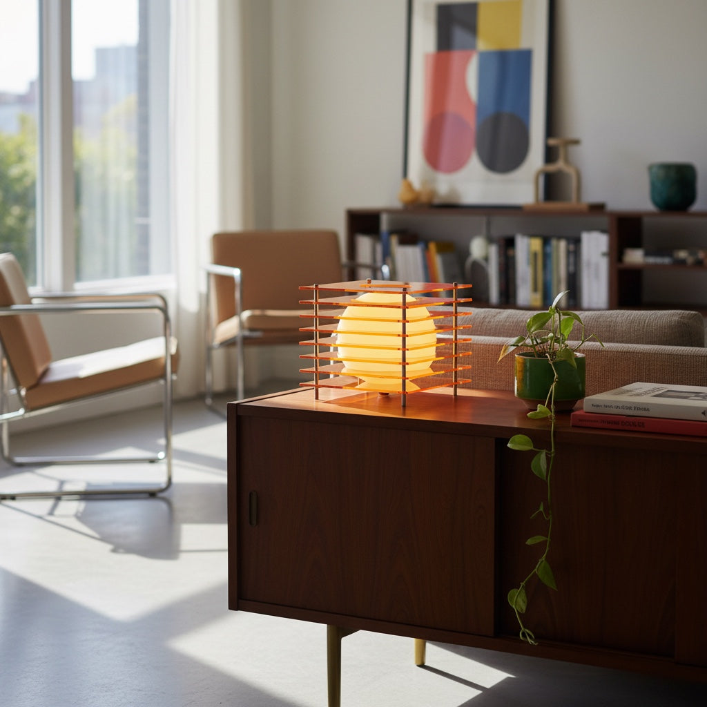 Luno orange table lamp glowing on a walnut sideboard in a bright modern living room