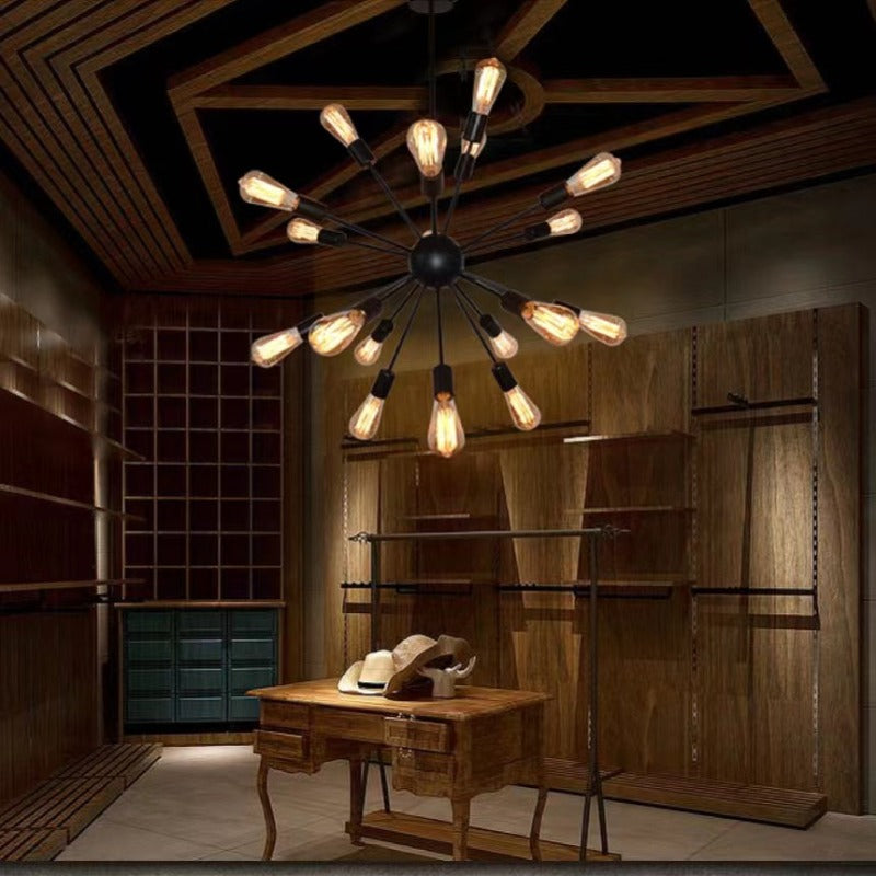 Kytto sputnik chandelier lit in a wood panelled room above a wooden table