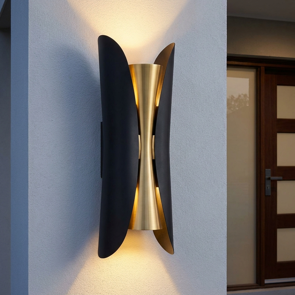 Corva outdoor wall light fitted beside a front door on a rendered exterior wall at dusk, lit up and down