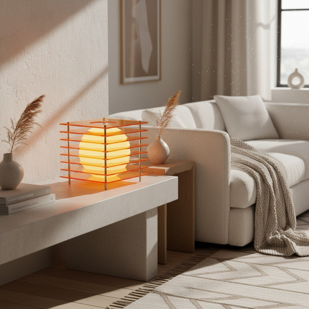 Luno orange table lamp lit on a stone bench beside a cream sofa in a sunlit living room