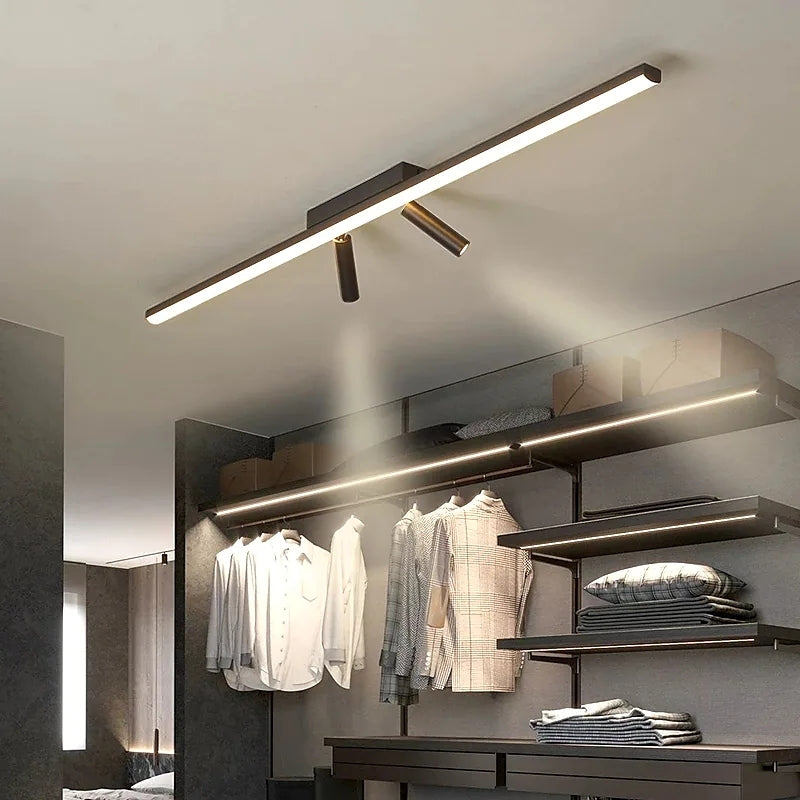 Vixa linear ceiling light lighting a dressing room, with the two spotlights aimed at hanging clothes and shelving