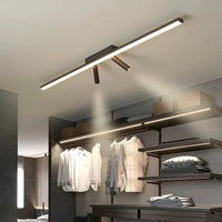 Vixa linear ceiling light lighting a dressing room, with the two spotlights aimed at hanging clothes and shelving