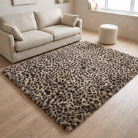 Fauna Shag Rug shown beside a two seat sofa and a boucle stool so its 140 by 200 cm footprint can be judged against ordinary furniture