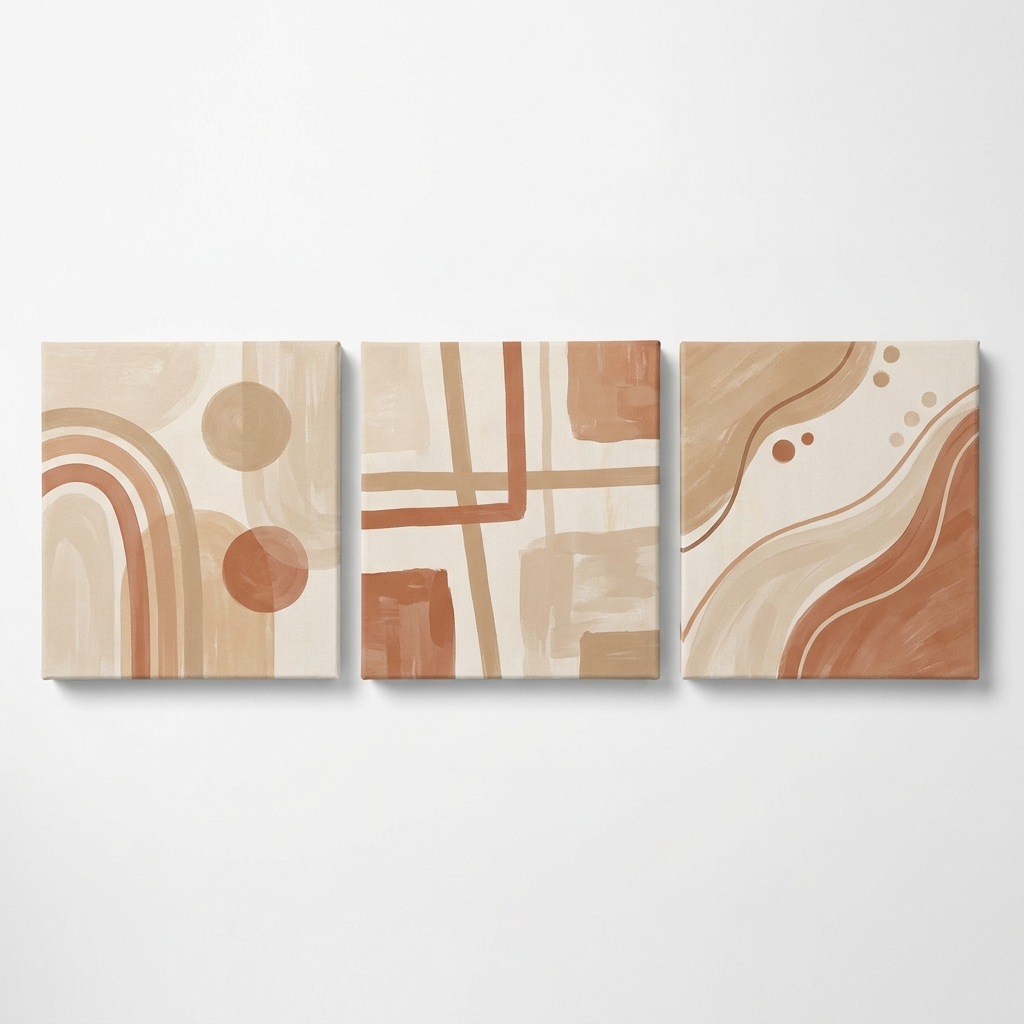 Form geometric canvas triptych in warm neutral tones