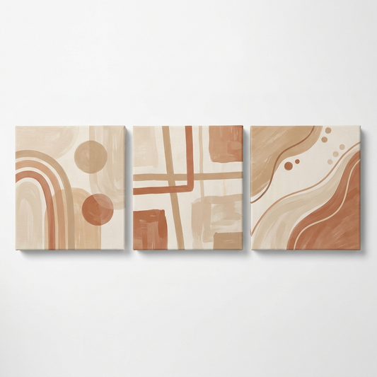 Form geometric canvas triptych in warm neutral tones
