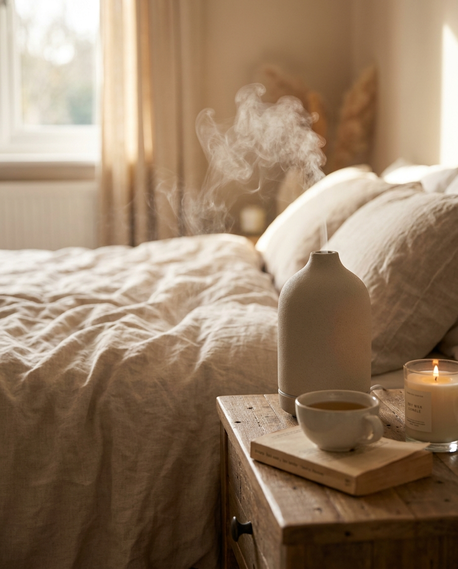 Aura diffuser on a bedroom nightstand, mist and warm light