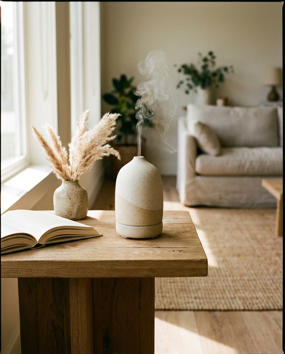 Aura diffuser styled on a console table with book and vase