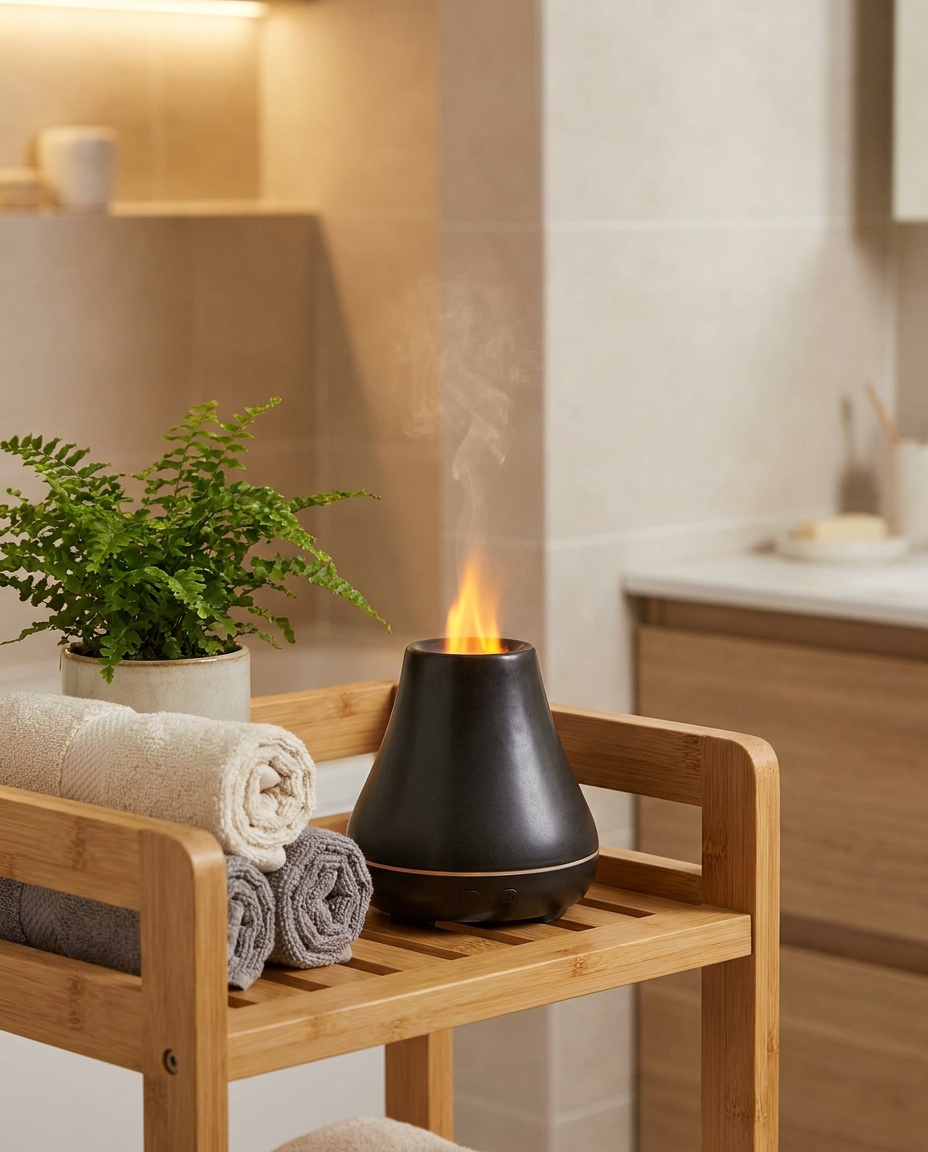 Volcano flame diffuser on a bathroom spa shelf