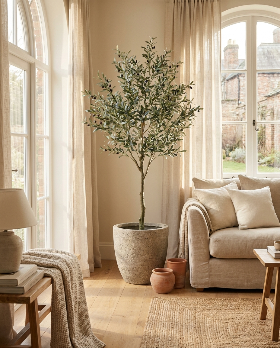 Toscana olive tree in a bright living room corner beside a sofa