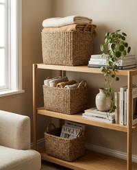 Seagrass basket set styled on open wooden shelving