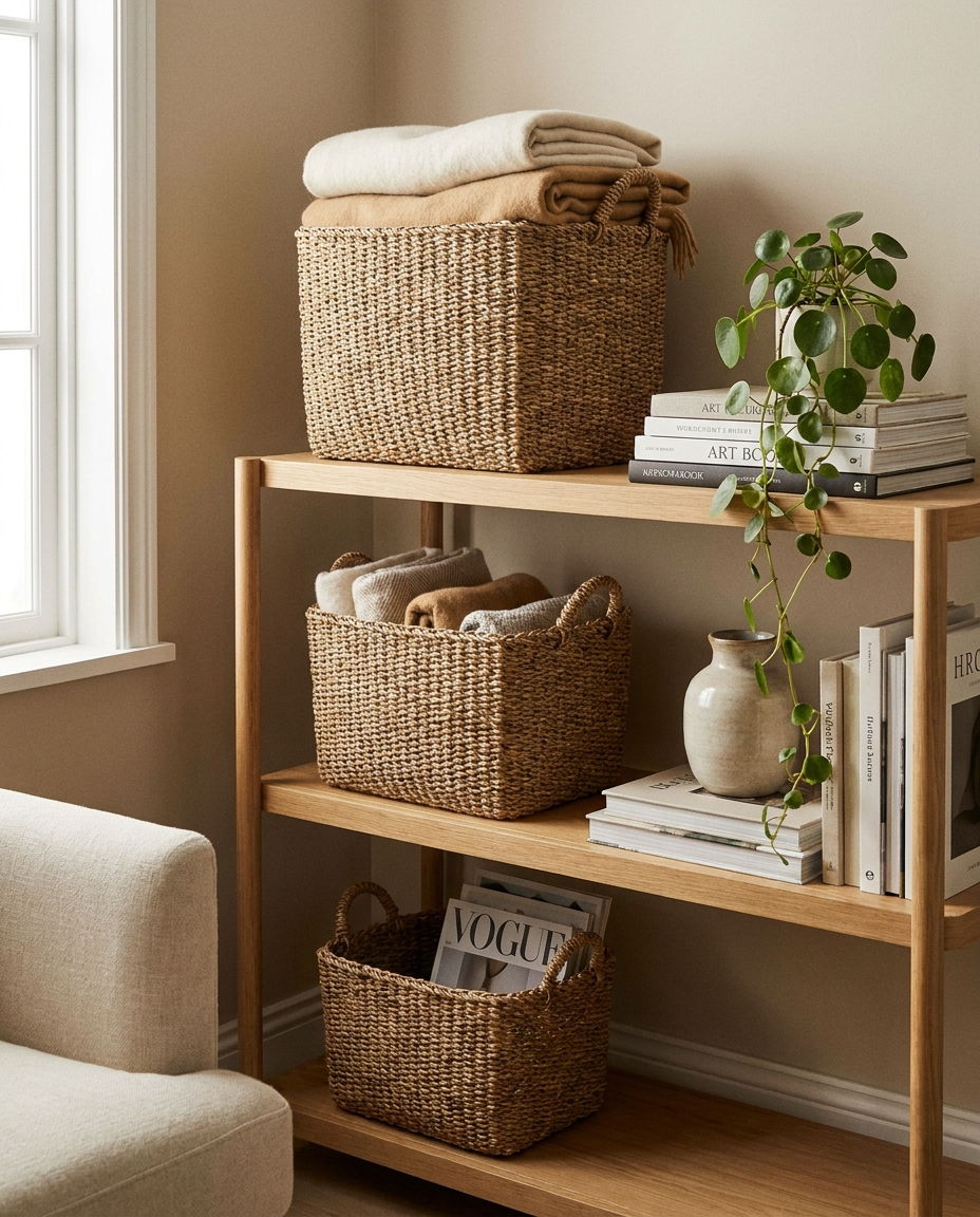 Seagrass basket set styled on open wooden shelving