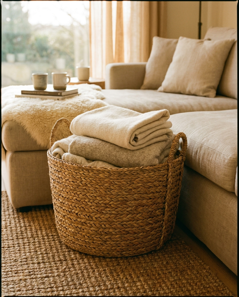 Large seagrass basket holding blankets beside a sofa