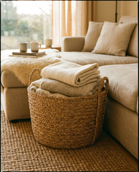 Large seagrass basket holding blankets beside a sofa