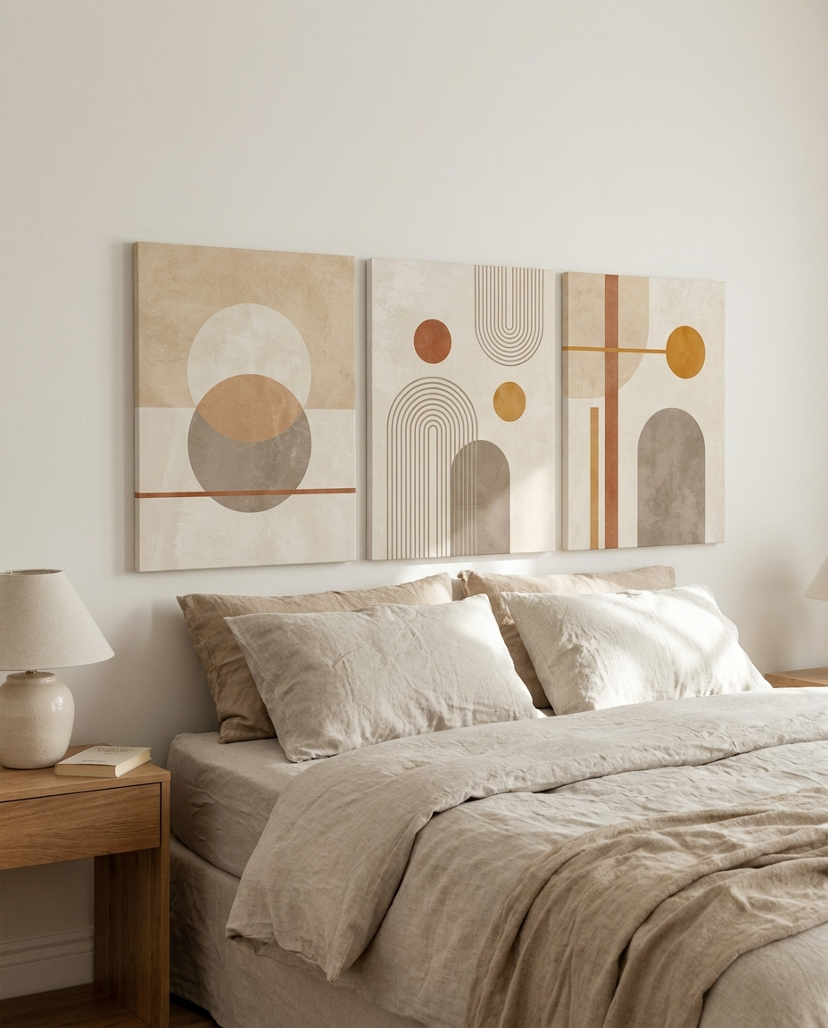 Form geometric canvas above a bed as a headboard feature