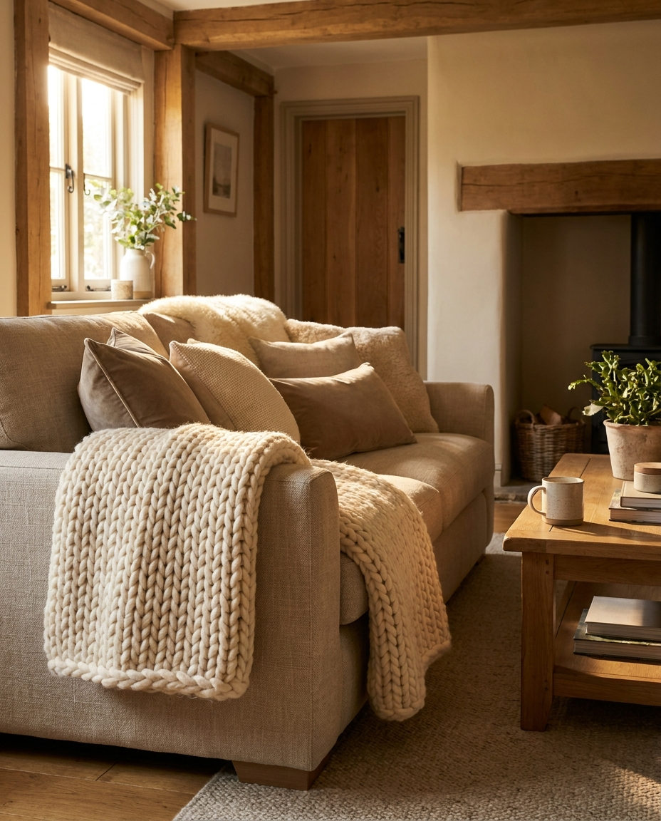 Cloud chunky knit throw draped over a sofa arm