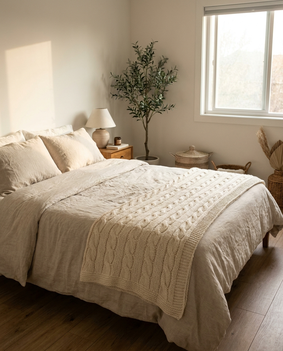 Cloud chunky knit throw folded at the foot of a bed