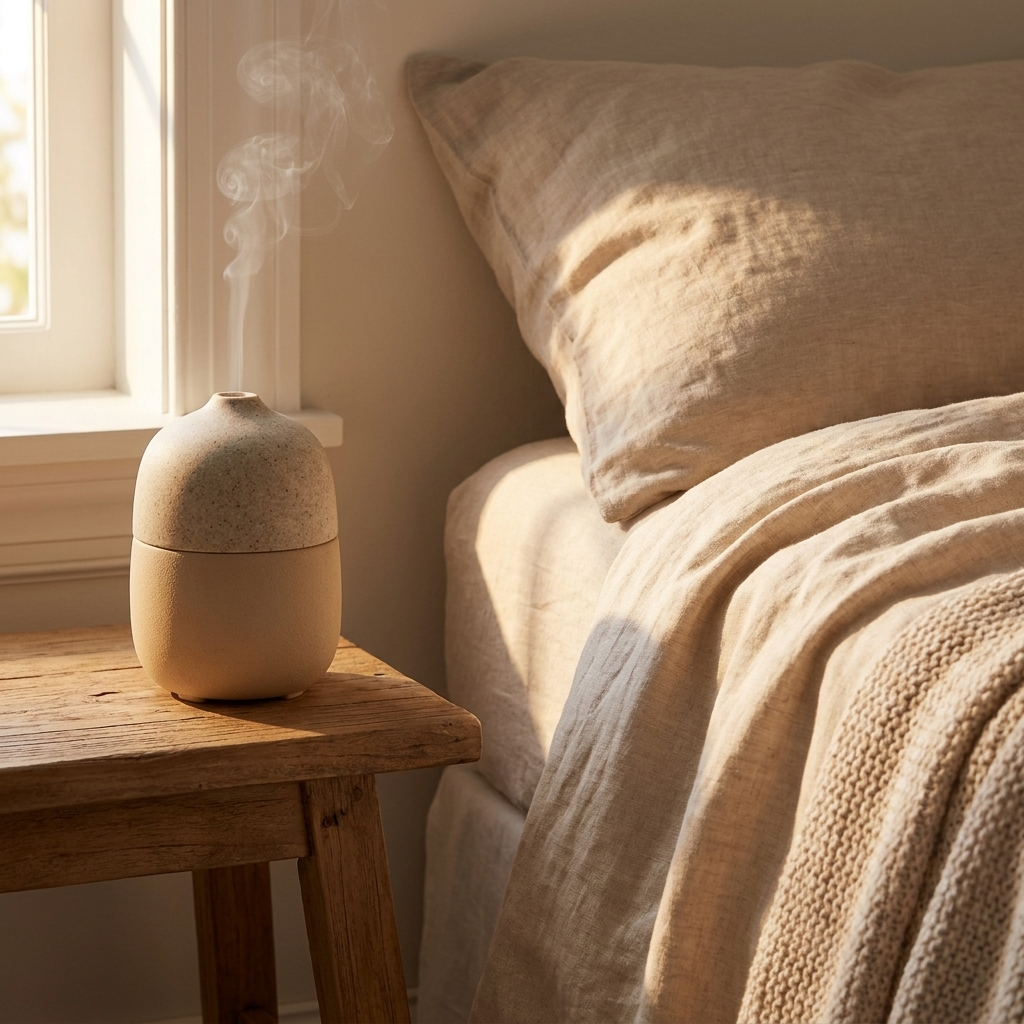 Aura ceramic stone diffuser on a bedroom nightstand with mist