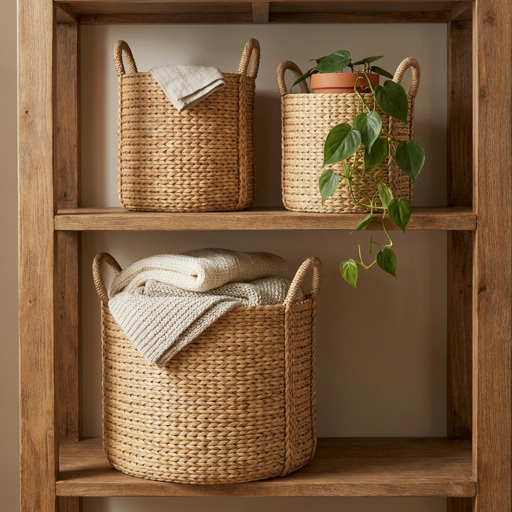 Seagrass basket set styled on open wooden shelving