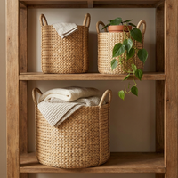 Seagrass basket set styled on open wooden shelving