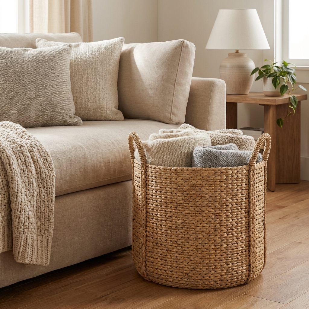 Large seagrass basket holding blankets beside a sofa