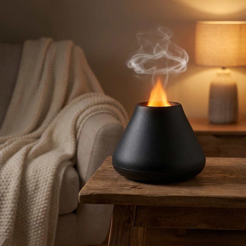 Volcano flame diffuser glowing in a cosy evening living room
