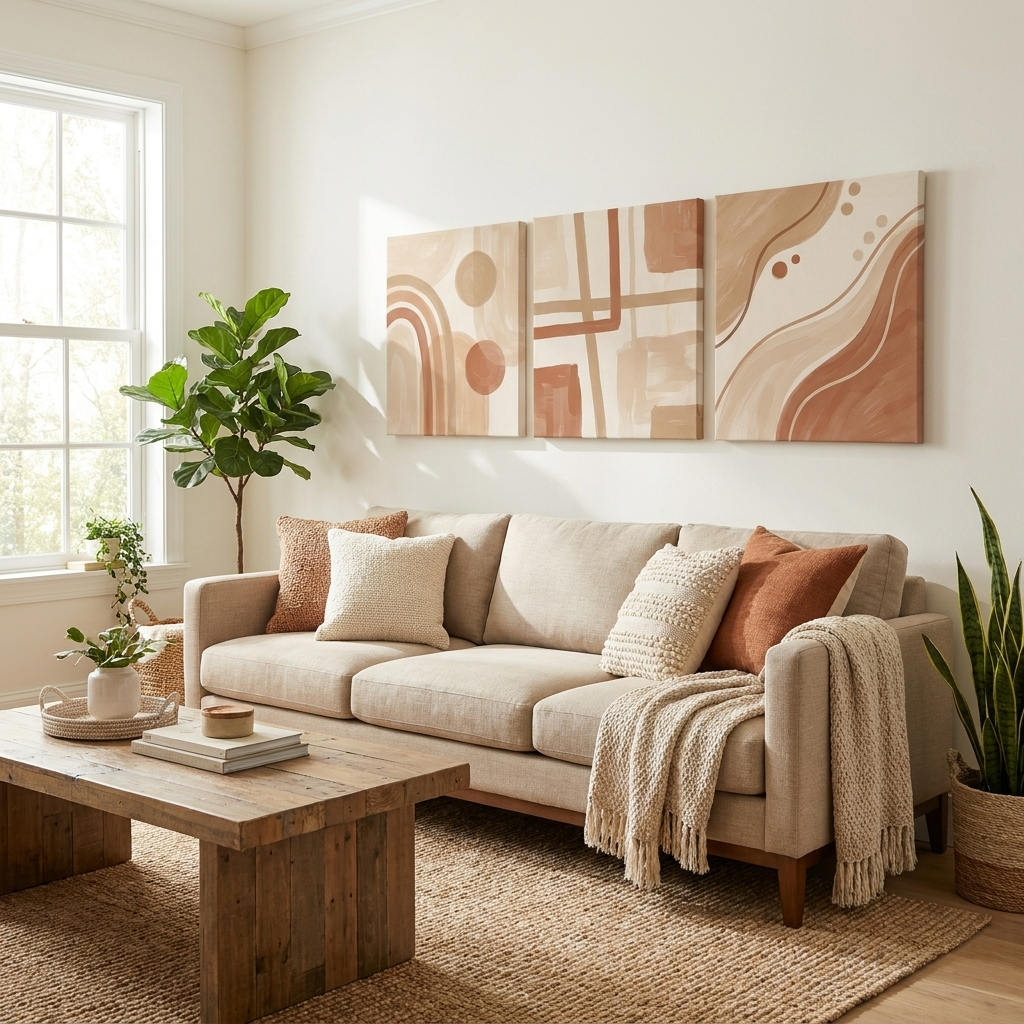 Form geometric canvas triptych above a beige sofa