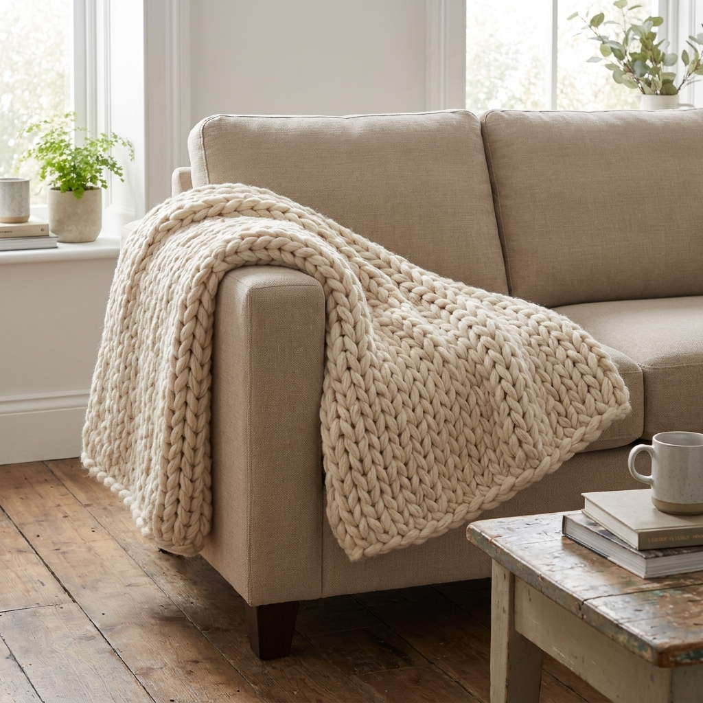 Cloud chunky knit throw draped over a sofa arm
