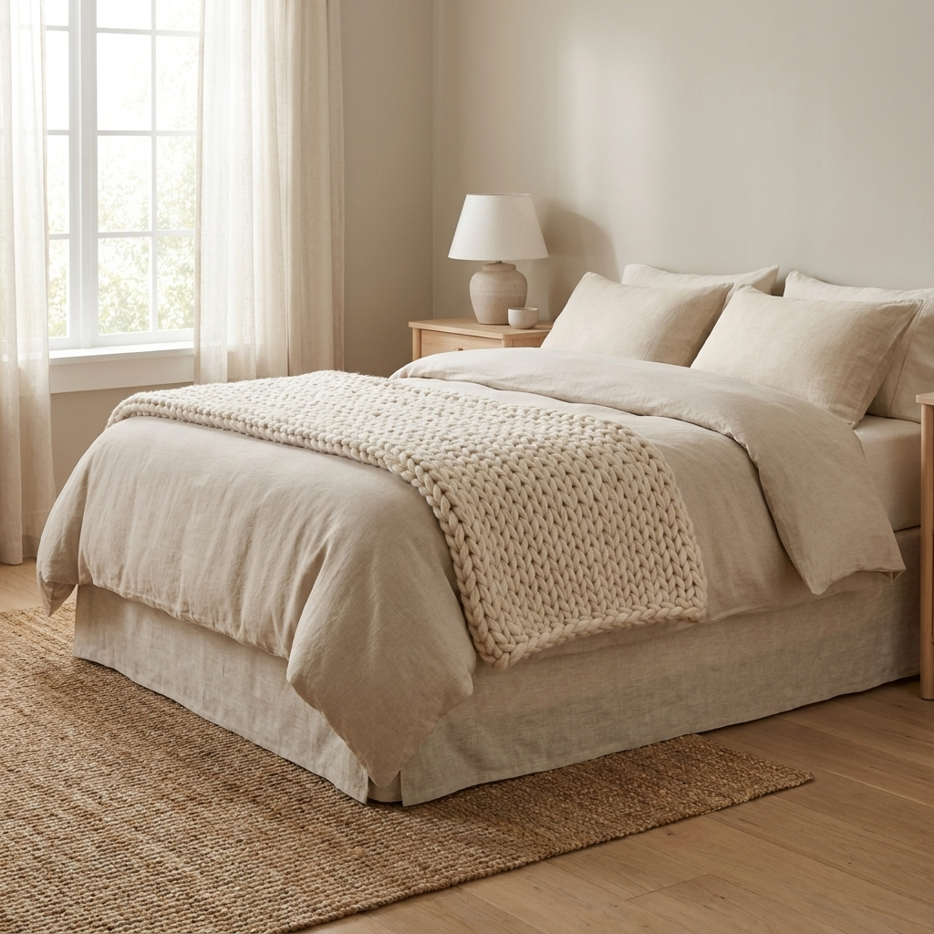 Cloud chunky knit throw folded at the foot of a bed