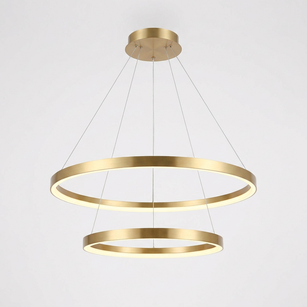 Remo Twin-Ring Pendant Light in brushed gold on a plain white background, showing the 60 cm upper ring and 40 cm lower ring on wire suspension