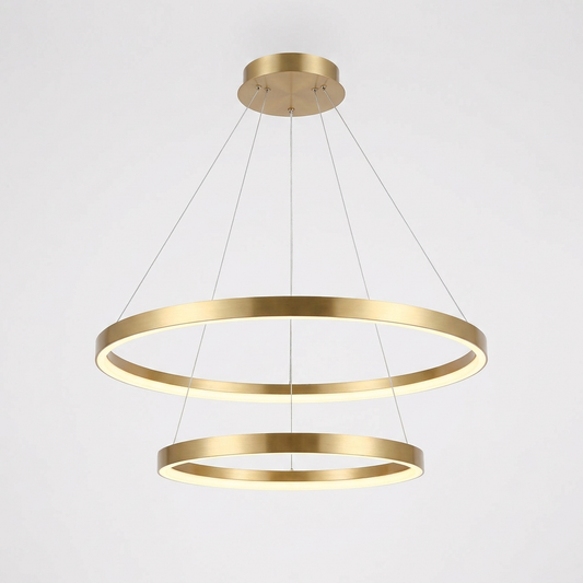 Remo Twin-Ring Pendant Light in brushed gold on a plain white background, showing the 60 cm upper ring and 40 cm lower ring on wire suspension