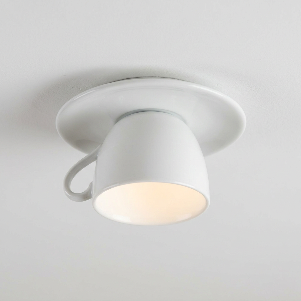 Close view of the Kupa ceramic teacup ceiling light showing the saucer and looped handle