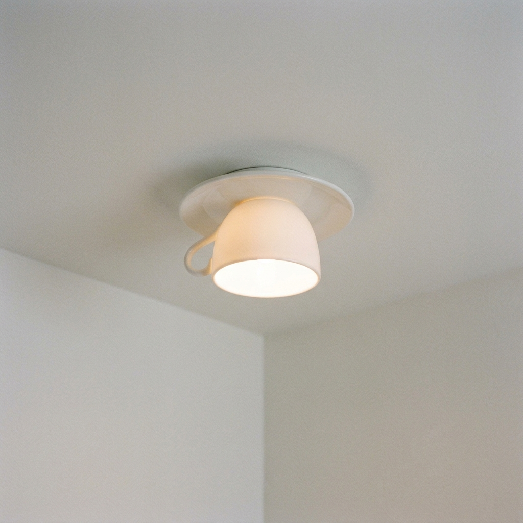 Kupa ceramic teacup ceiling light glowing warm in a bedroom corner
