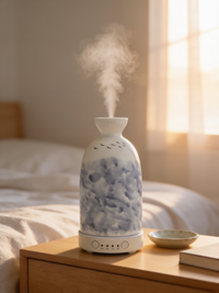 Aura ceramic diffuser in Blue Watercolour finish on a bedside table