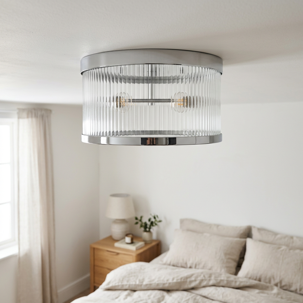 Riva ribbed glass ceiling light fitted flush to a white ceiling in a bright neutral bedroom