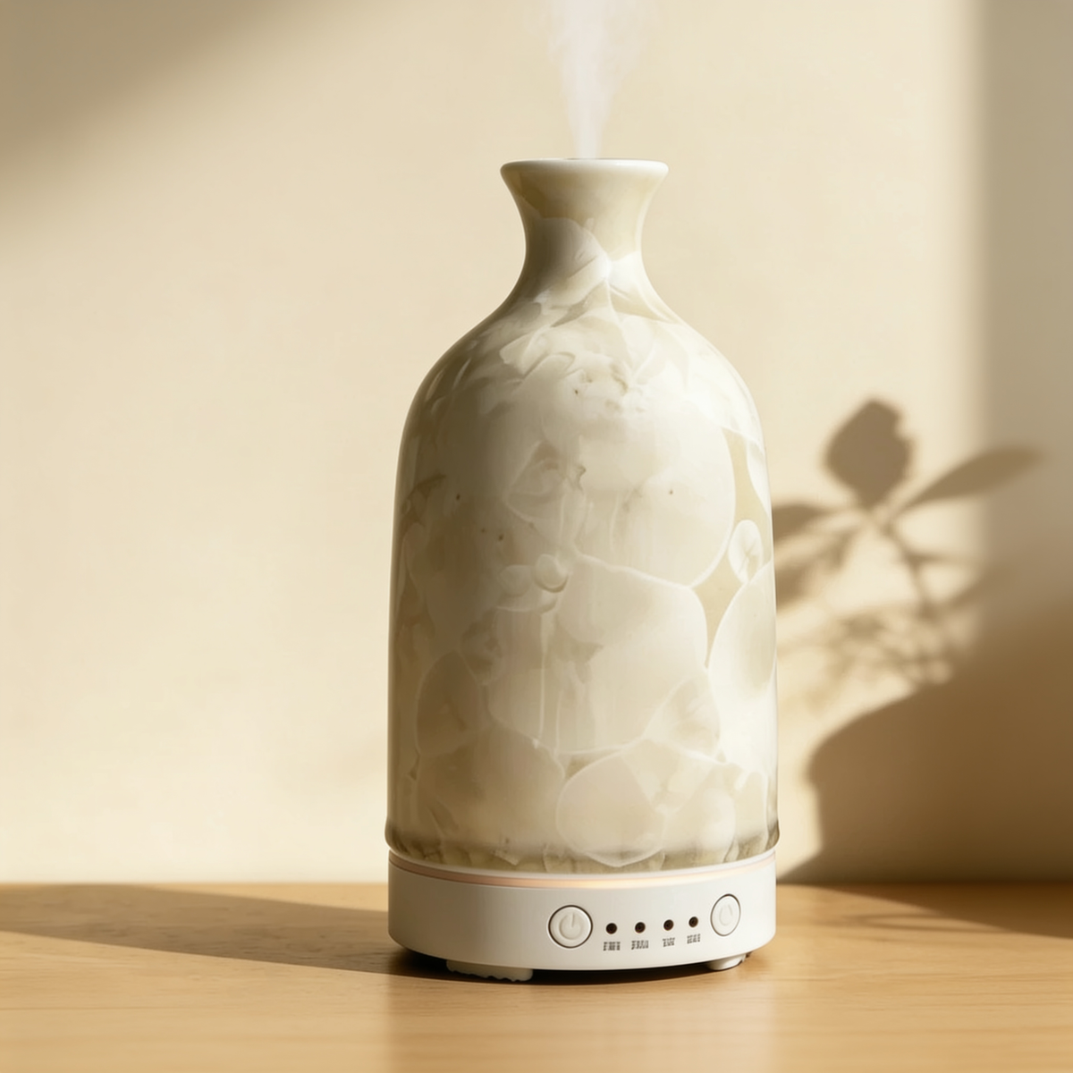 Aura ceramic diffuser in Crystal Cream glaze on an oak table