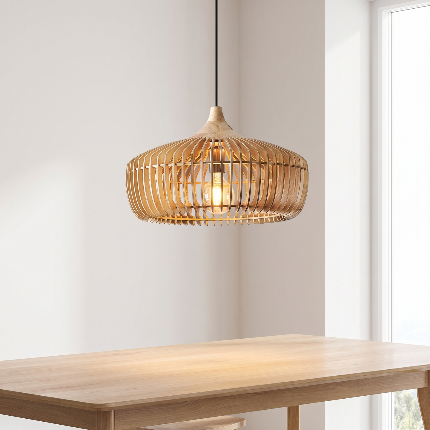 Muno wood pendant light hanging low over a pale oak dining table in a minimal Japandi dining room