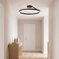 Soleno Circle Ceiling Light lit in a bright hallway above an oak console table