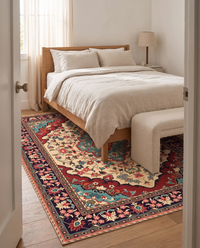Sora Bohemian Velvet Rug on oak floorboards at the foot of an oak bed dressed in stonewashed linen
