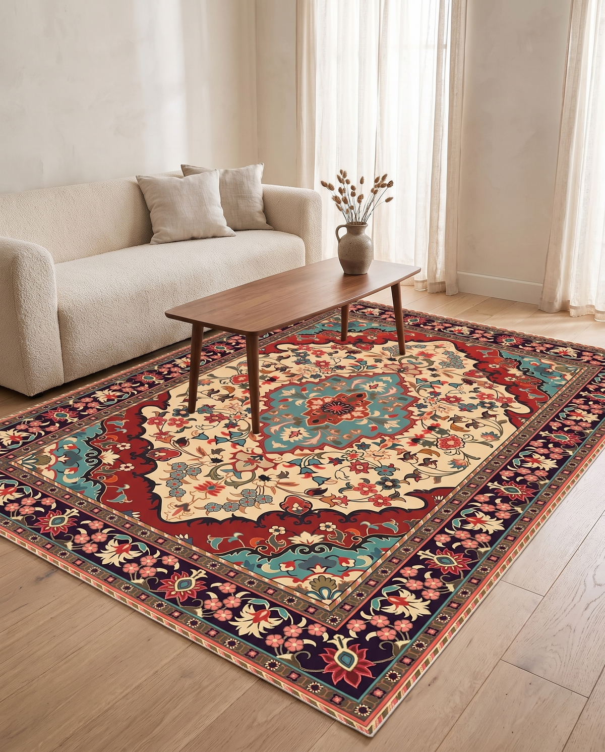 Sora Bohemian Velvet Rug in a warm-neutral living room beneath a walnut coffee table beside a cream boucle sofa