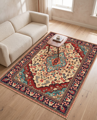 Sora Bohemian Velvet Rug shown beside a two-seat sofa and low coffee table so its 160 by 230 cm footprint reads to scale