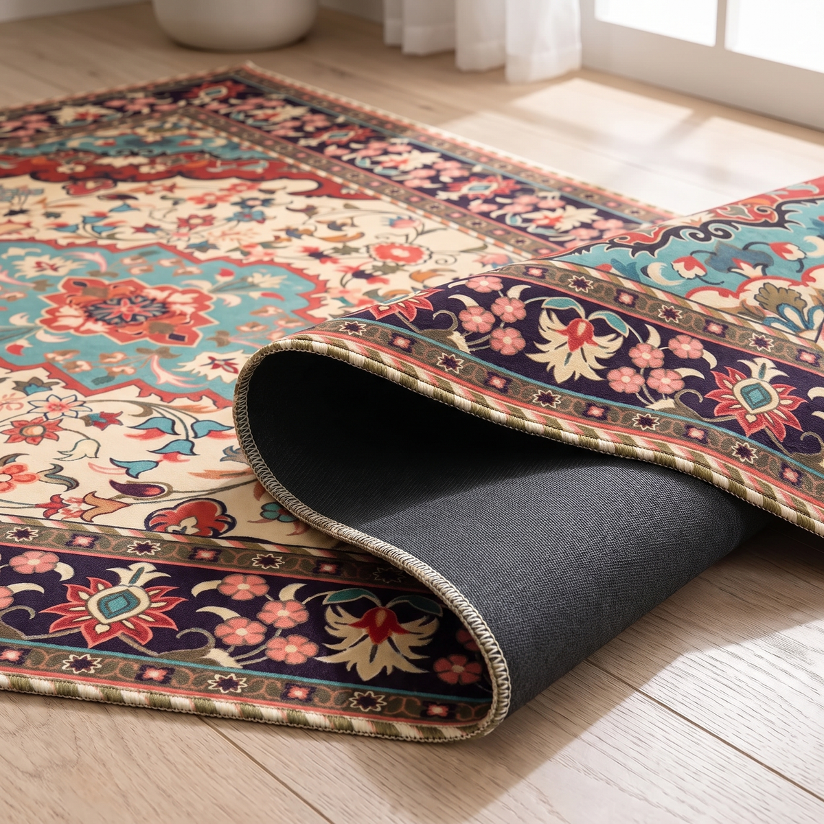 Corner of the Sora rug folded back to show the overlocked edge and matte anti-slip backing