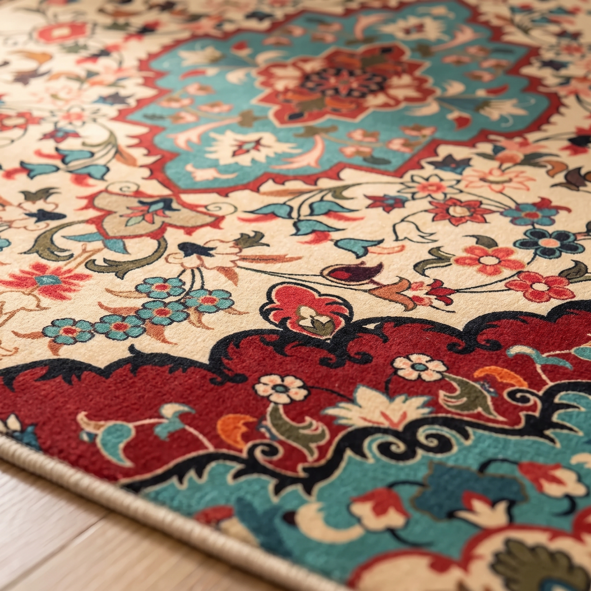 Macro close-up of the Sora rug's short dense crystal-velvet pile where the teal medallion meets the crimson frame