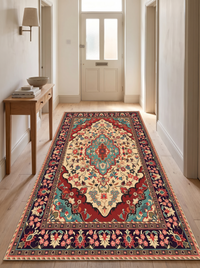 Sora Bohemian Velvet Rug running the length of a bright British entrance hall on pale oak boards
