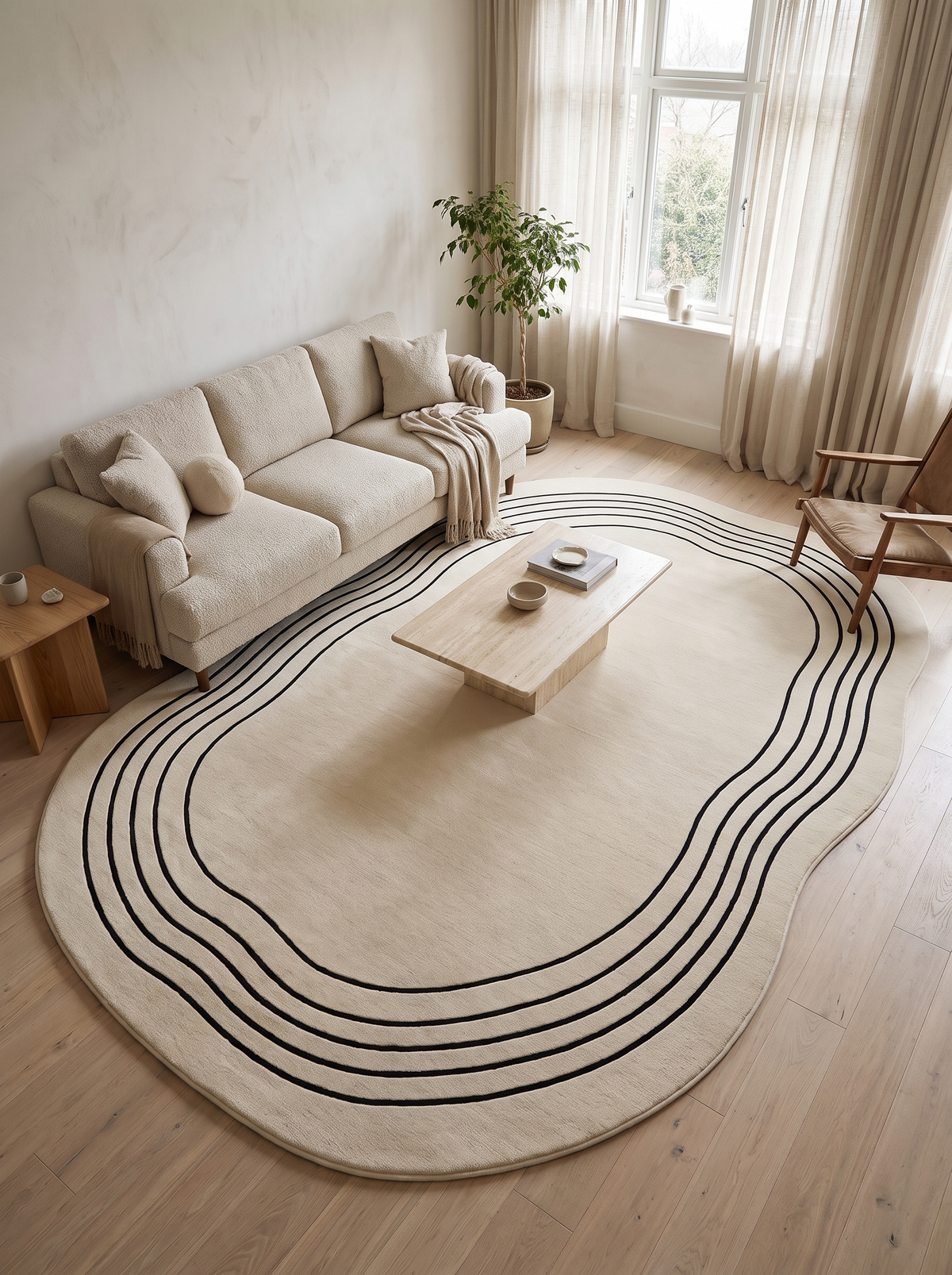Overhead view of the 200 x 300 cm Ovala rug filling a living room, with a three-seat sofa, coffee table and armchair showing its scale
