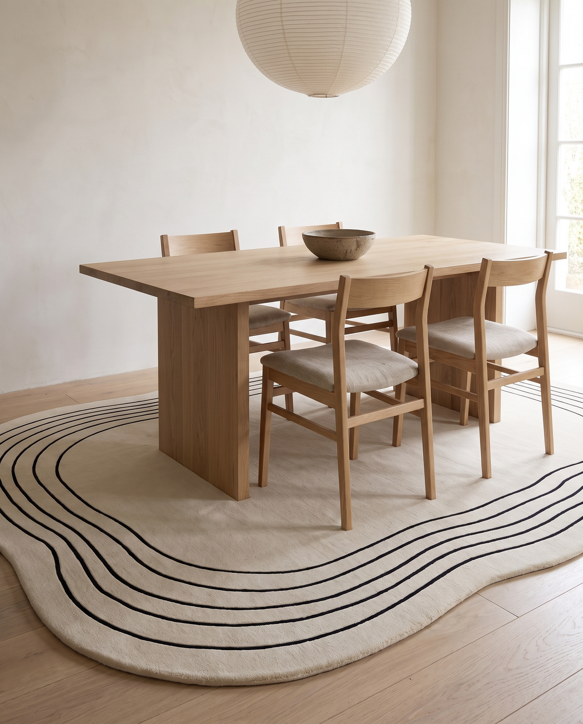 Ovala rug beneath an oak dining table and chairs, extending well beyond the table on every side
