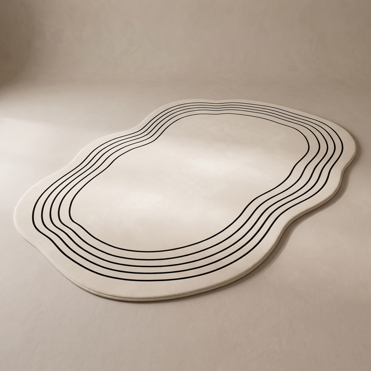 Ovala irregular oval rug in cream short plush, shown flat on a neutral studio floor with its fine black concentric border lines fully visible